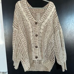 Chunky Knit Button-Up Sweater - Cream and Light Brown
